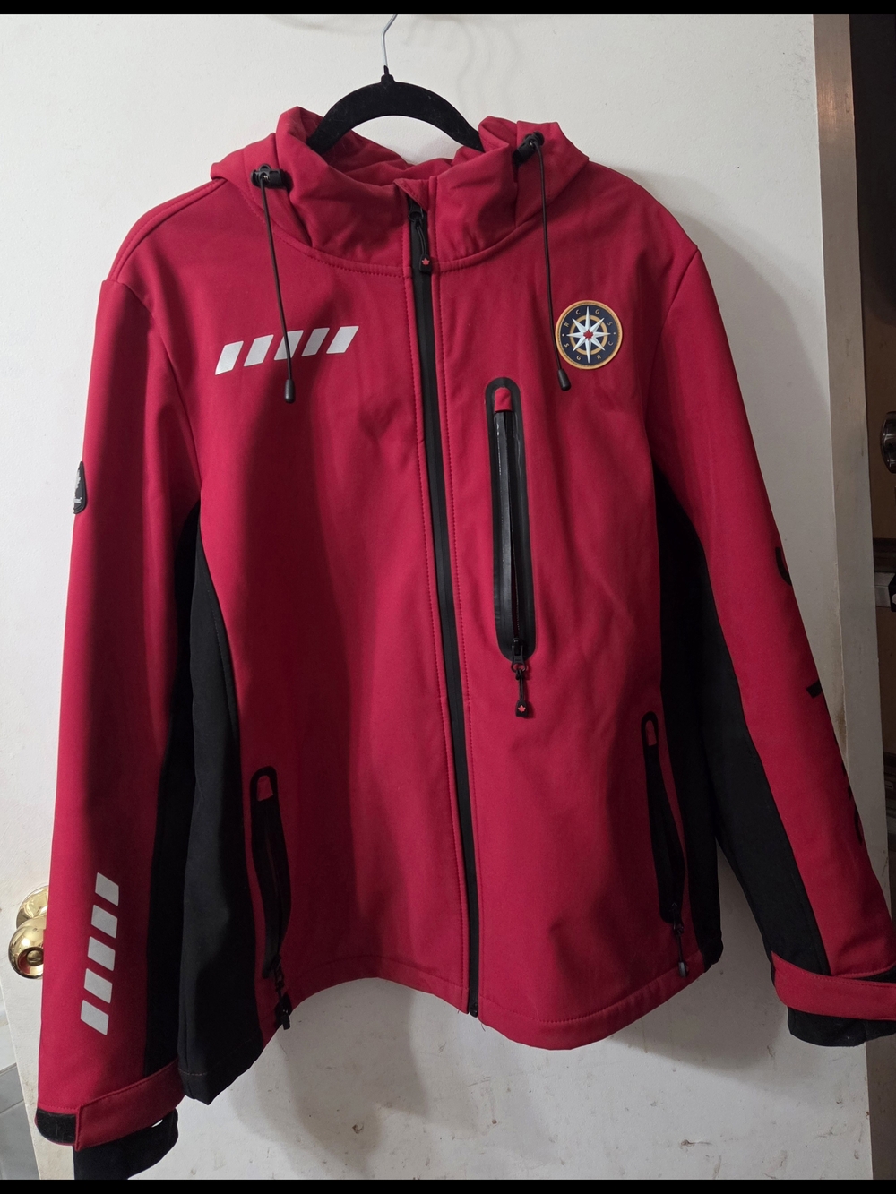 UNISEX: Red Hooded Softshell Jacket with Black Panels